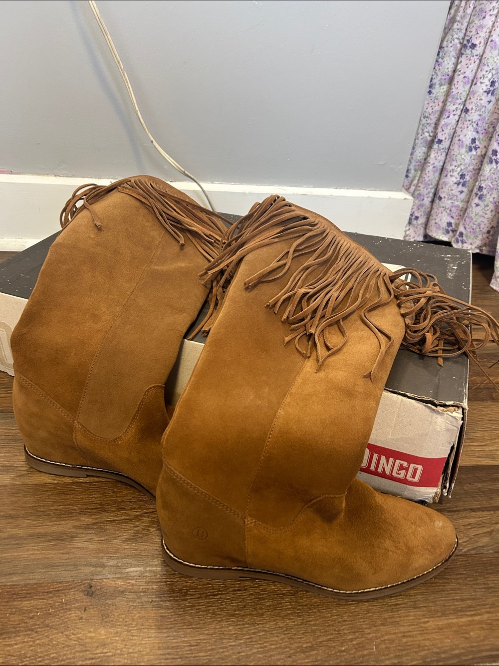 dingo Cognac Suede Fringe Wedge Knee Boots